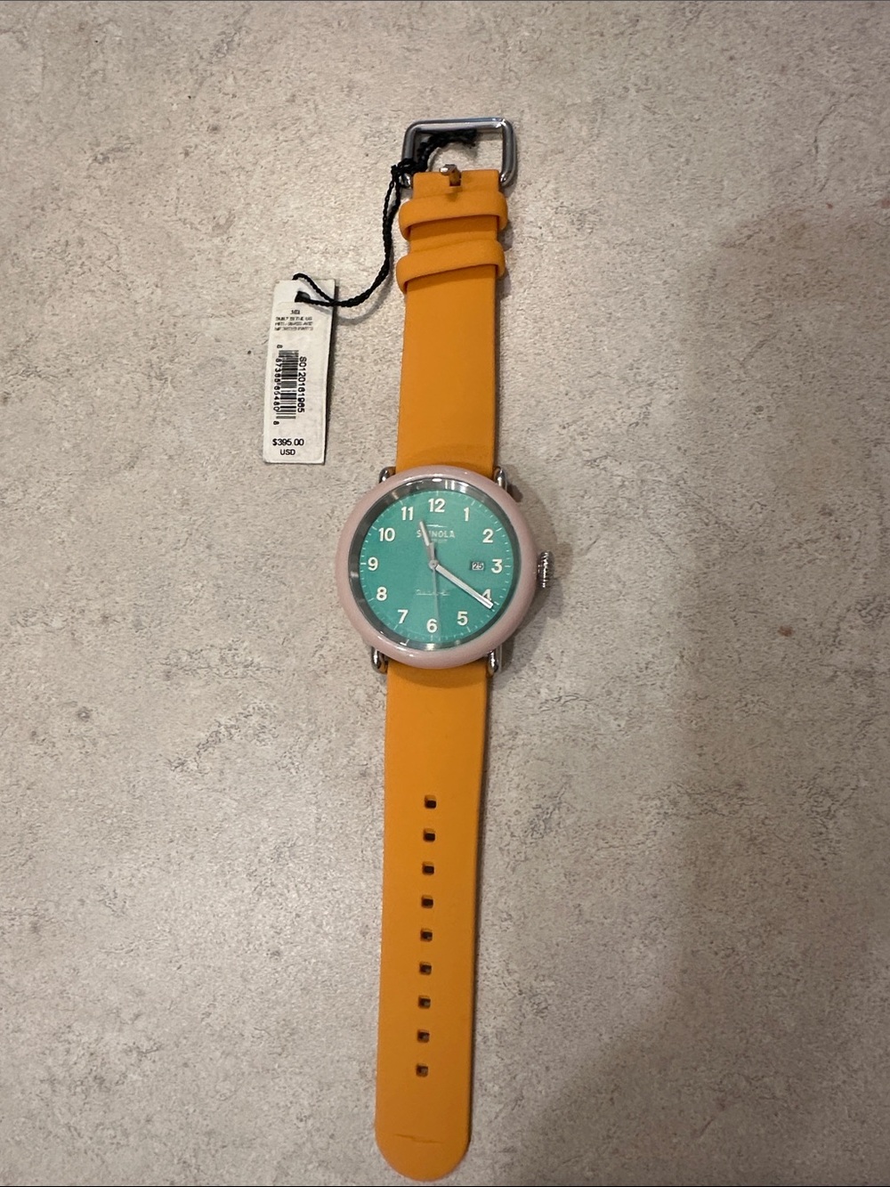 Shinola Detrola Green Dial Watch with Pink Bezel and Orange Strap - Picture 4 of 4